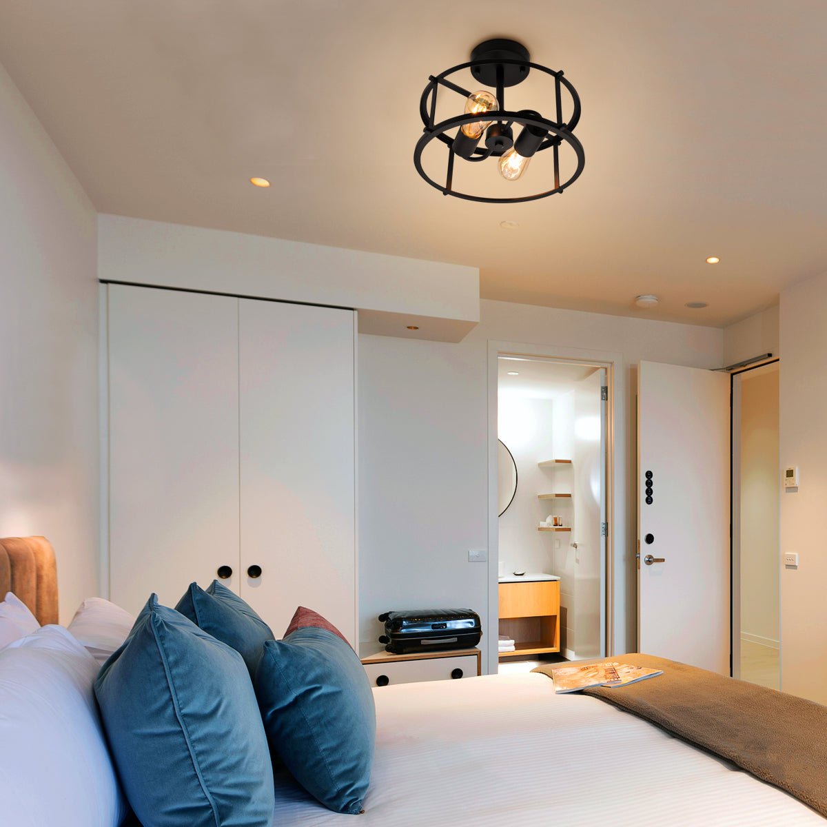 Industrial Black Ceiling Light Round 2 Light Drum Shade Lantern Semi Flush Mount - Energy Light Bulbs - Free delivery on all orders