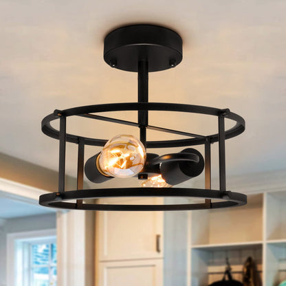 Industrial Black Ceiling Light Round 2 Light Drum Shade Lantern Semi Flush Mount - Energy Light Bulbs - Free delivery on all orders