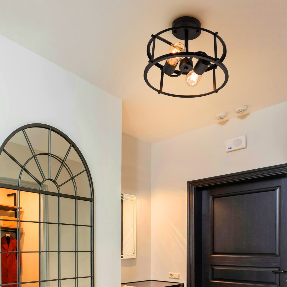 Industrial Black Ceiling Light Round 2 Light Drum Shade Lantern Semi Flush Mount - Energy Light Bulbs - Free delivery on all orders