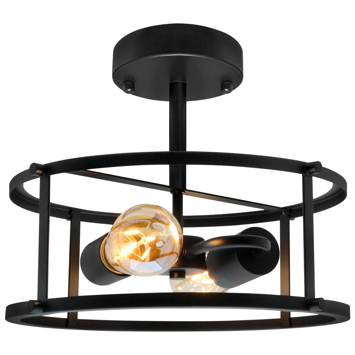 Industrial Black Ceiling Light Round 2 Light Drum Shade Lantern Semi Flush Mount - Energy Light Bulbs - Free delivery on all orders
