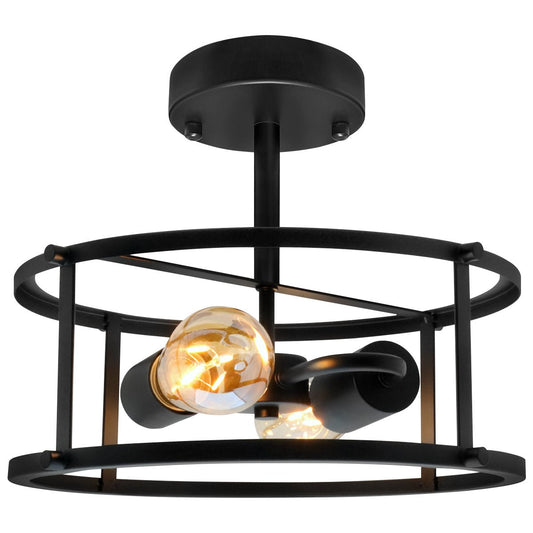 Industrial Black Ceiling Light Round 2 Light Drum Shade Lantern Semi Flush Mount - Energy Light Bulbs - Free delivery on all orders