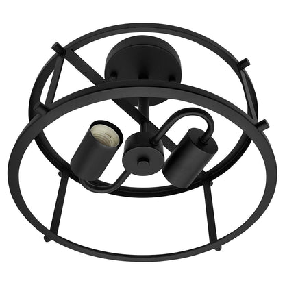 Industrial Black Ceiling Light Round 2 Light Drum Shade Lantern Semi Flush Mount - Energy Light Bulbs - Free delivery on all orders
