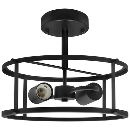 Industrial Black Ceiling Light Round 2 Light Drum Shade Lantern Semi Flush Mount - Energy Light Bulbs - Free delivery on all orders