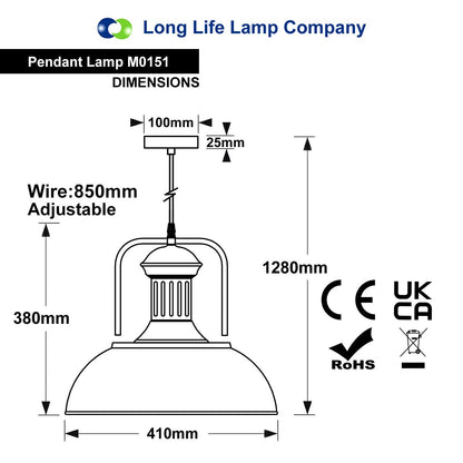 Industrial black metal barn pendant light with large dome shade and E27 fitting for kitchens and dining rooms