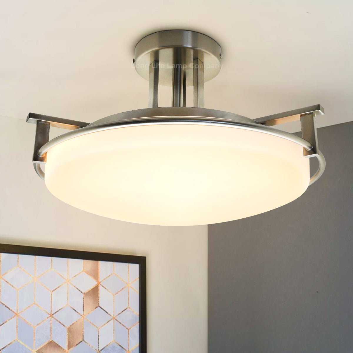 Industrial Brush Chrome Round Ceiling Light Semi Flush Mount Opal - Energy Light Bulbs - Free delivery on all orders