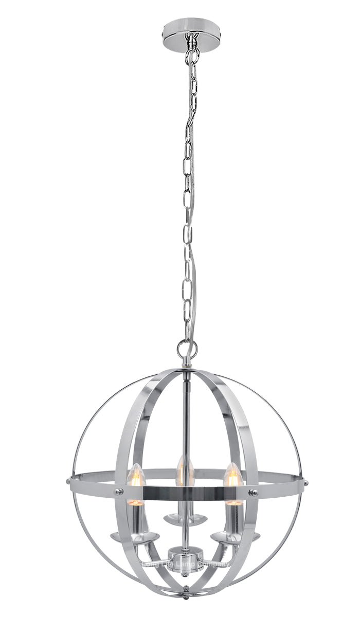 Industrial Ceiling 3 Light Globe Pendant Light Chrome Chained Lantern - Energy Light Bulbs - Free delivery on all orders