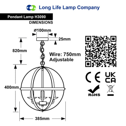 Industrial Ceiling 3 Light Globe Pendant Light Chrome Chained Lantern H3090 - Free delivery on all orders