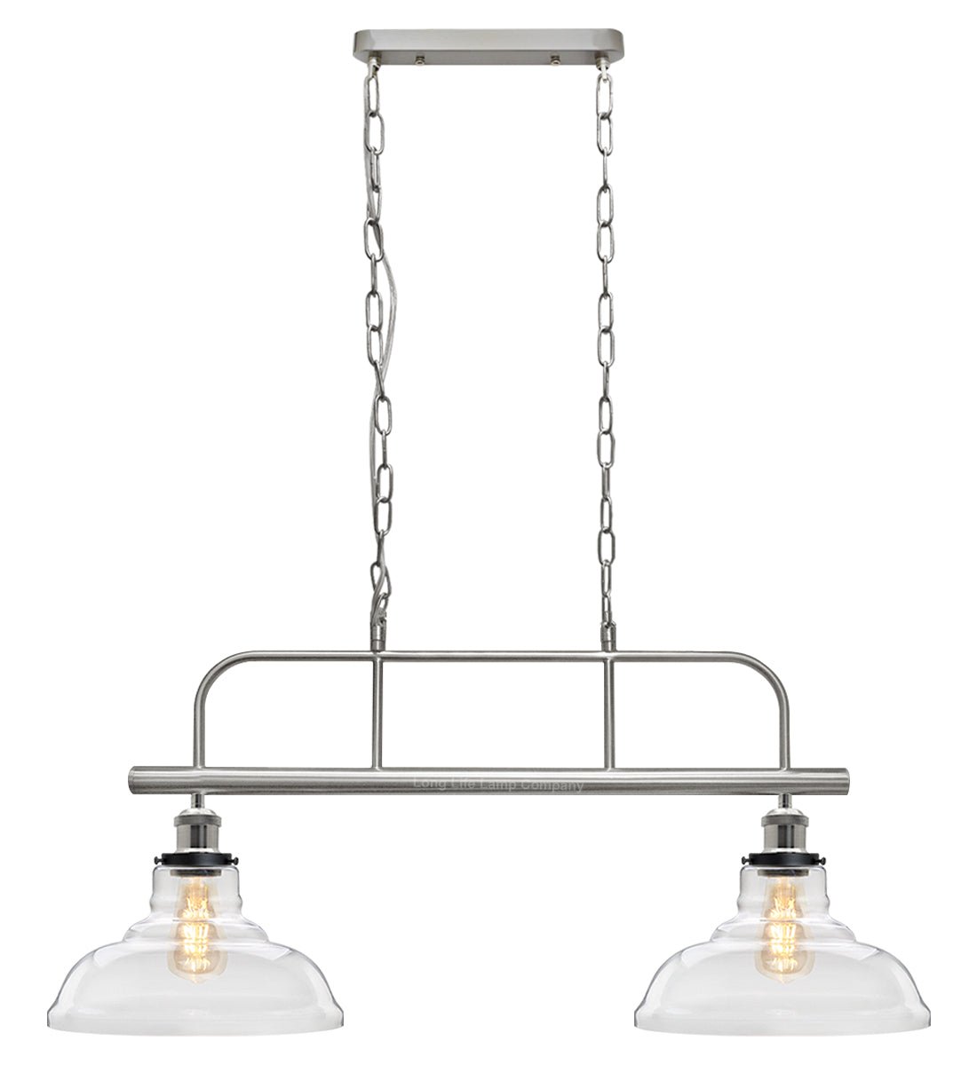 Industrial Ceiling Brush Chrome Bar 2 Clear Glass Lamp Shade Pendant Light - Energy Light Bulbs - Free delivery on all orders