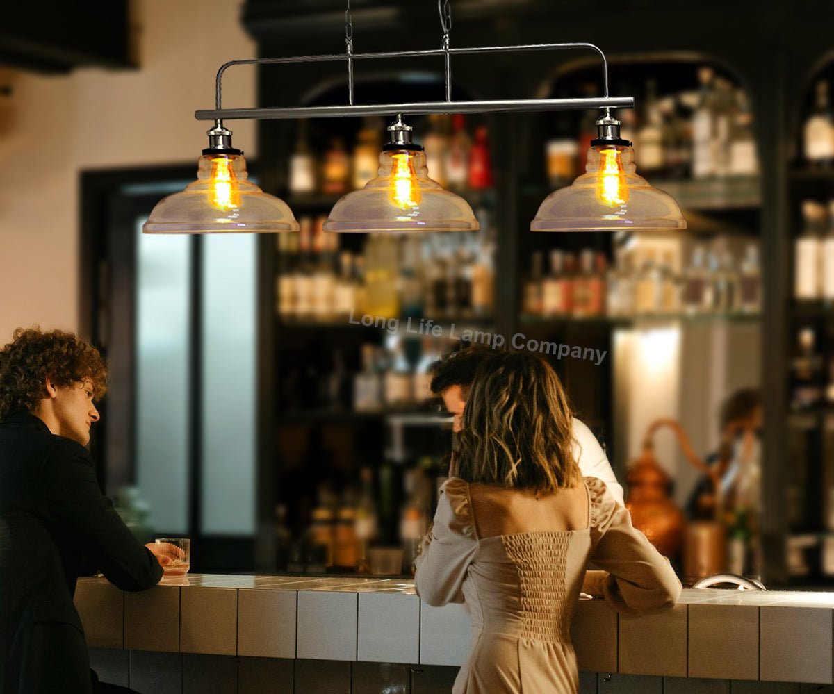 Industrial Ceiling Brush Chrome Bar 3 Clear Glass Lamp Shade Pendant Light - Energy Light Bulbs - Free delivery on all orders