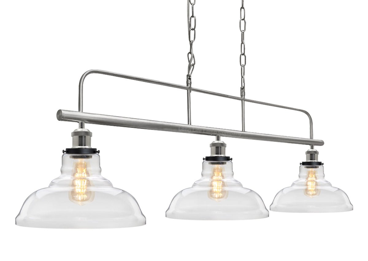 Industrial Ceiling Brush Chrome Bar 3 Clear Glass Lamp Shade Pendant Light - Energy Light Bulbs - Free delivery on all orders