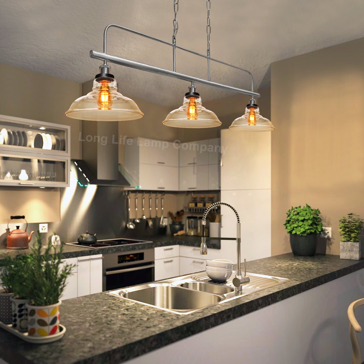 Industrial Ceiling Brush Chrome Bar 3 Clear Glass Lamp Shade Pendant Light - Energy Light Bulbs - Free delivery on all orders