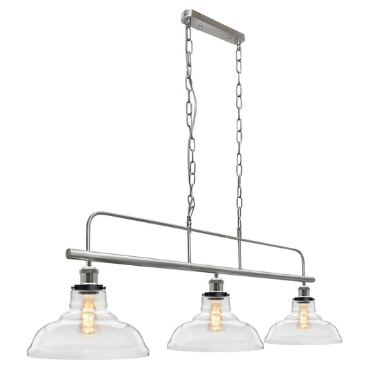 Industrial Ceiling Brush Chrome Bar 3 Clear Glass Lamp Shade Pendant Light - Energy Light Bulbs - Free delivery on all orders