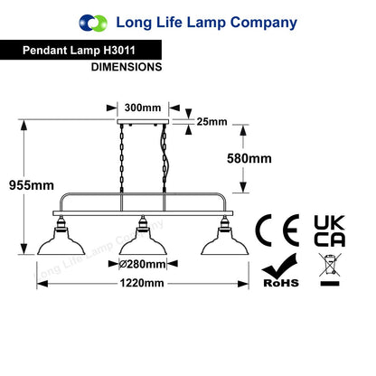 Industrial Ceiling Brush Chrome Bar 3 Clear Glass Lamp Shade Pendant Light - Energy Light Bulbs - Free delivery on all orders