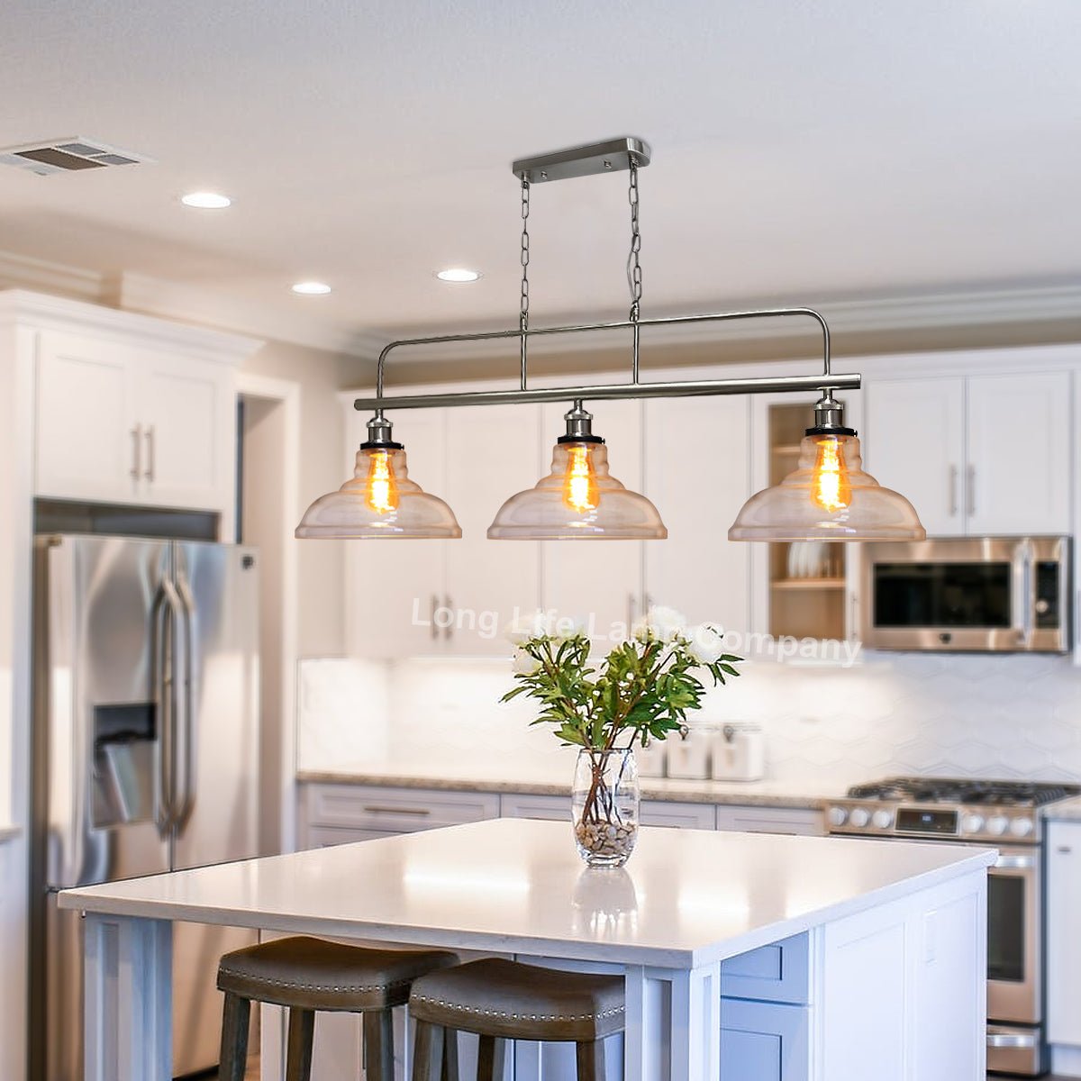 Industrial Ceiling Brush Chrome Bar 3 Clear Glass Lamp Shade Pendant Light - Energy Light Bulbs - Free delivery on all orders