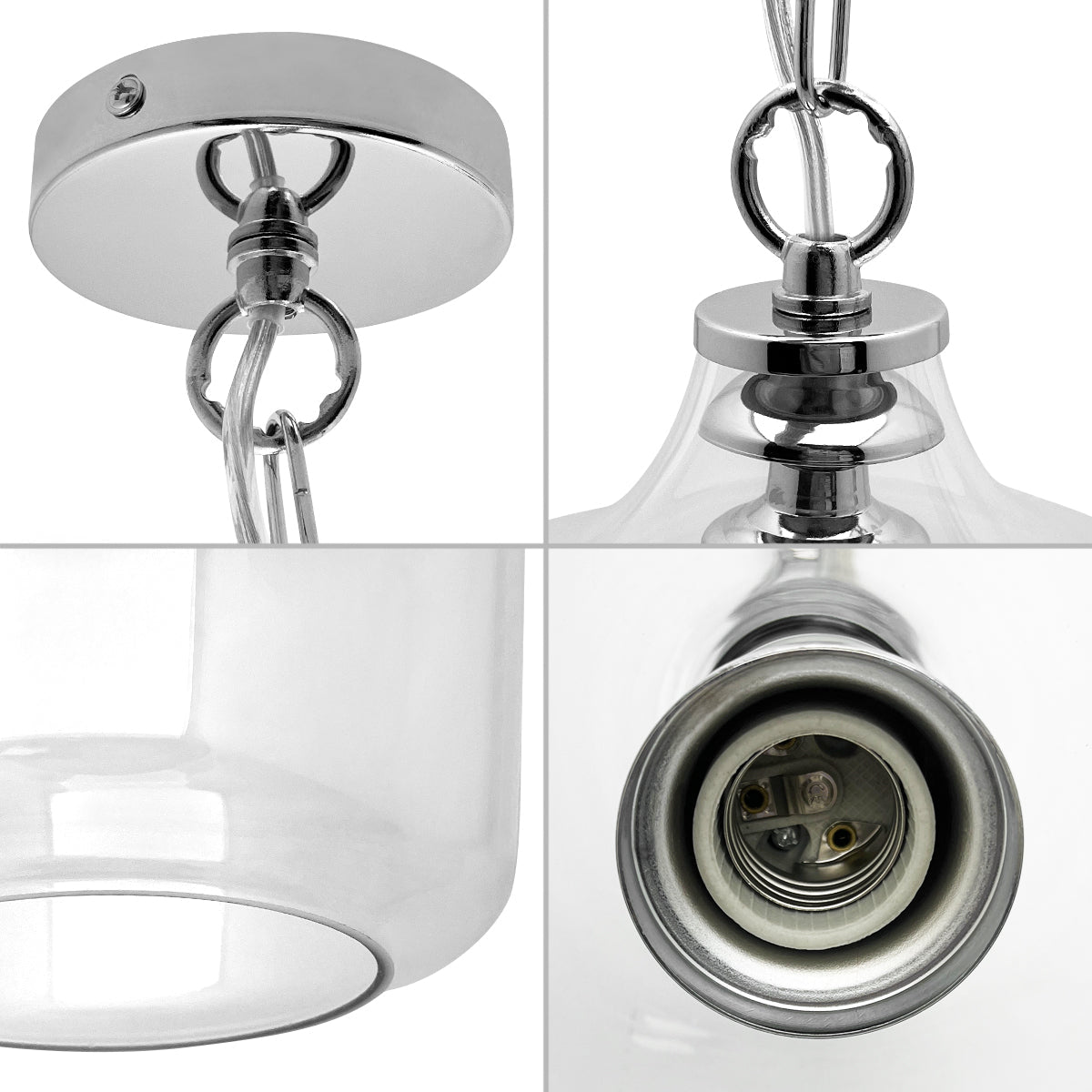 Industrial Chrome Ceiling Pendant Light with Clear Glass Bell Shade K444 - Energy Light Bulbs - Free delivery on all orders