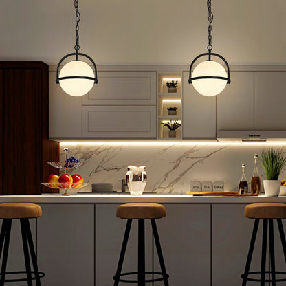 Industrial Nautical Ceiling Pendant Light Opal Globe Glass Black Chain Suspended - Energy Light Bulbs - Free delivery on all orders