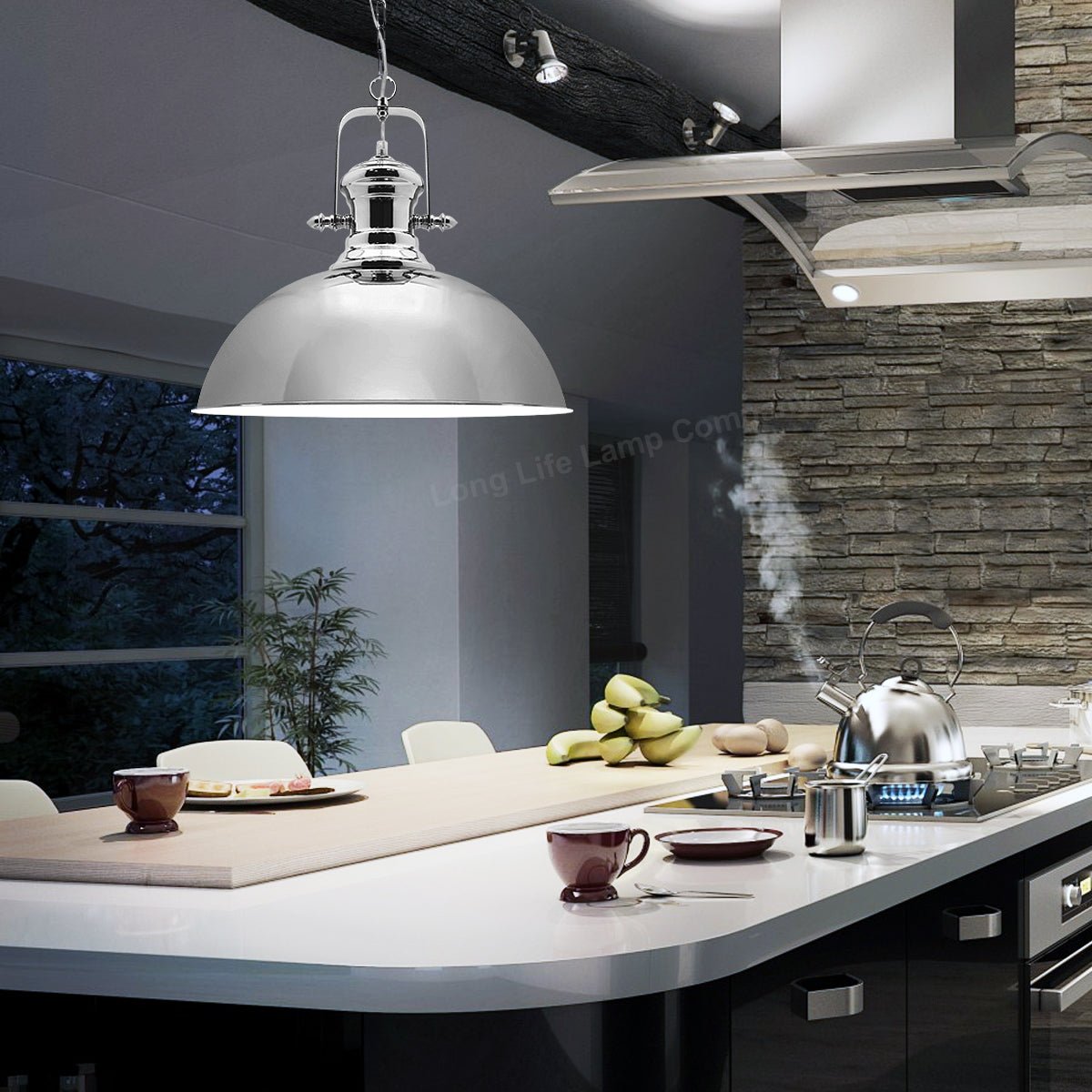 Industrial Retro Polished Chrome Pendant Ceiling Light Vintage Antique Dome Hanging Lamp Shade - Energy Light Bulbs - Free delivery on all orders