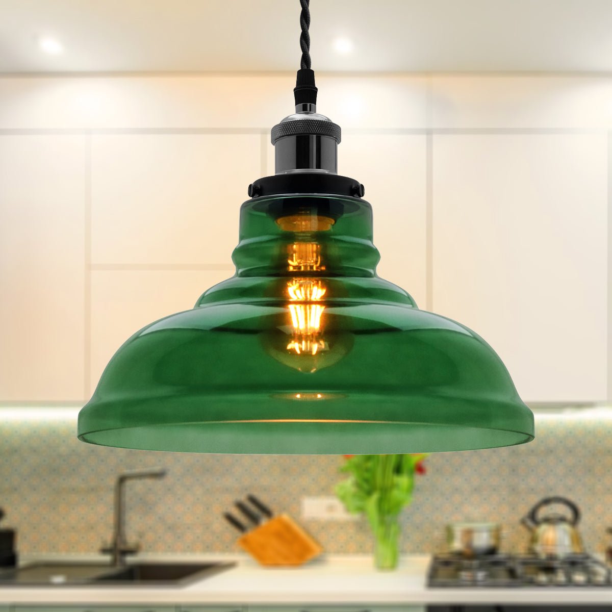 Industrial Smoked Green Glass Ceiling Pendant Light Bowl Lamp Shade - Energy Light Bulbs - Free delivery on all orders