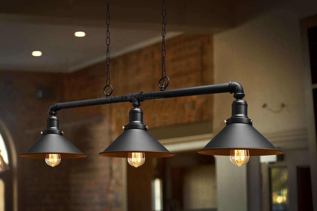 Industrial Suspended Ceiling Pendant 3 Lamp Black Metal Vintage Light Fitting - Energy Light Bulbs - Free delivery on all orders