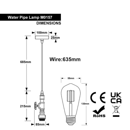 Industrial Vintage Steampunk Ceiling Pendant Light Rustic Metal Water Pipe M0157 with 4W LED ST58 - Free delivery on all orders