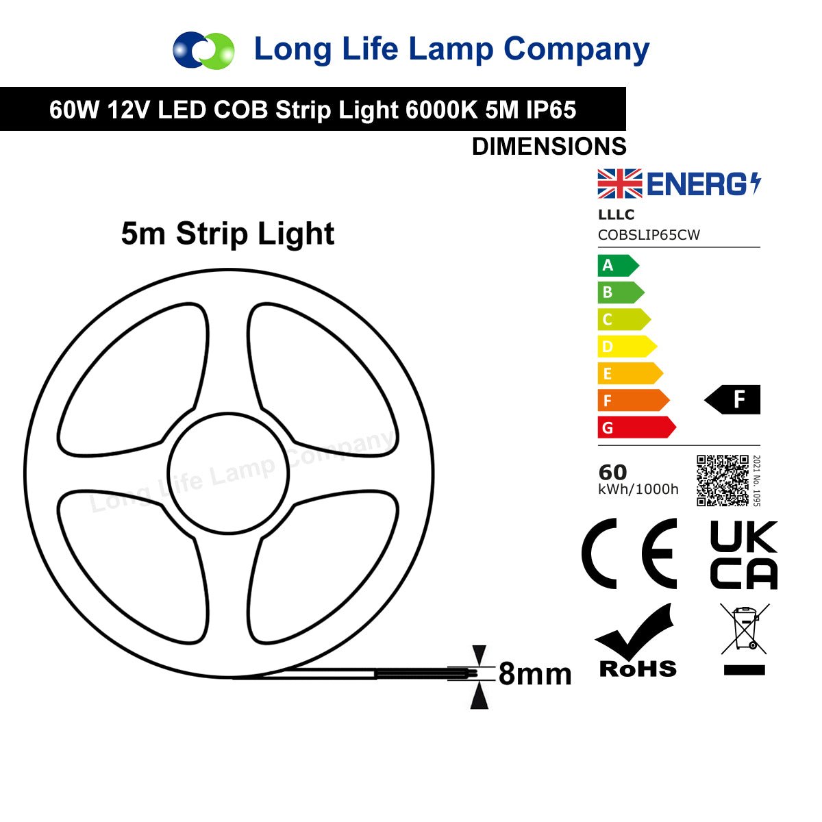 IP65 Water Proof Outdoor & Indoor LED Strip Light Tape Cool White Continuous COB Illumination 5 Metres 12v - Energy Light Bulbs - Free delivery on all orders