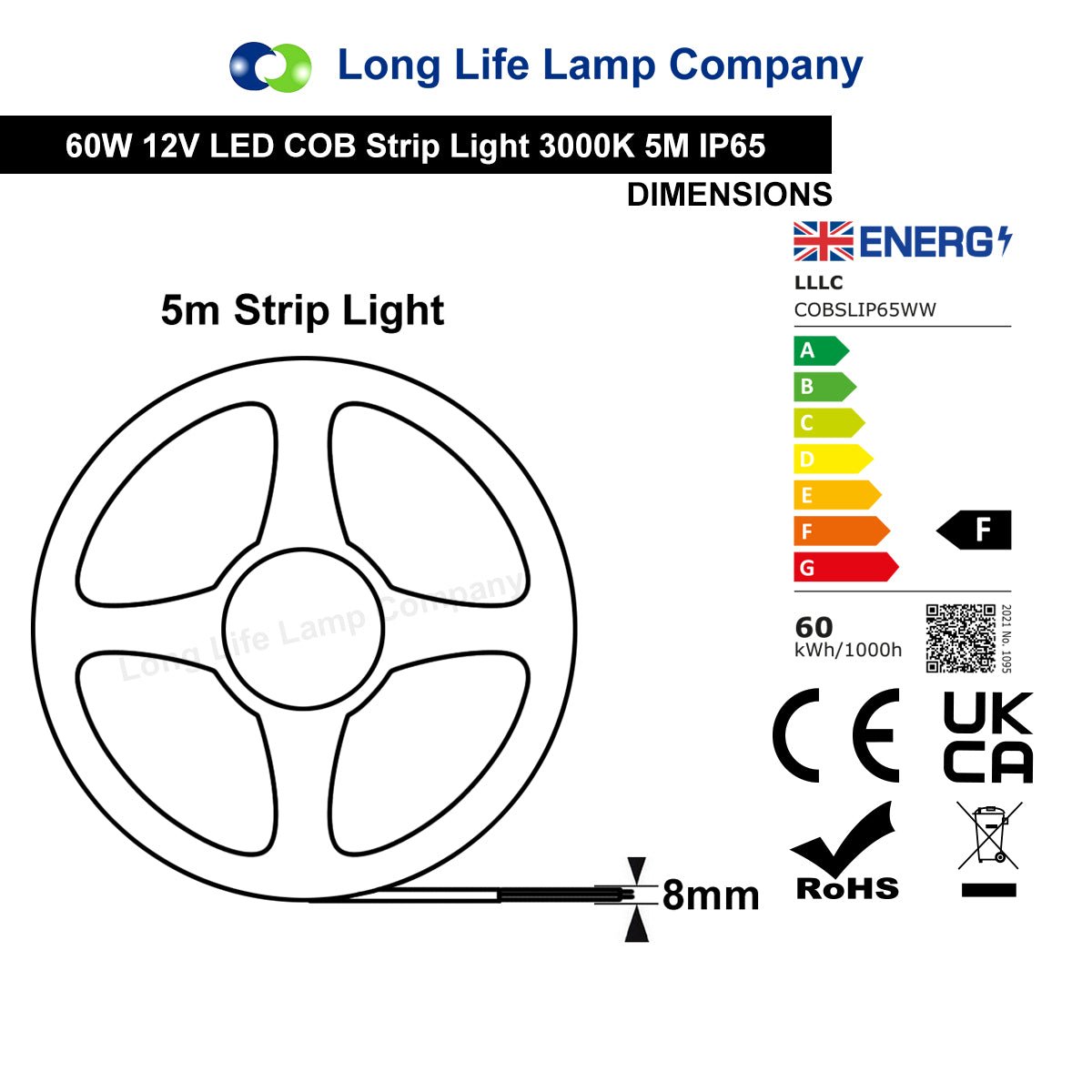 IP65 Water Proof Outdoor & Indoor LED Strip Light Tape Warm White Continuous COB Illumination 5 Metres 12v - Energy Light Bulbs - Free delivery on all orders