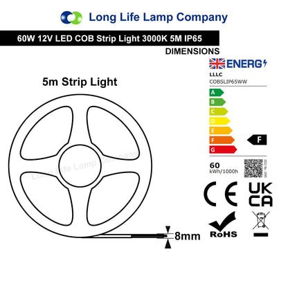 IP65 Water Proof Outdoor & Indoor LED Strip Light Tape Warm White Continuous COB Illumination 5 Metres 12v - Energy Light Bulbs - Free delivery on all orders