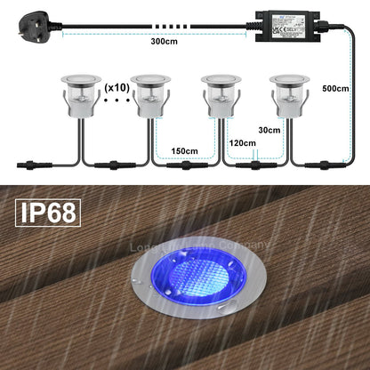 IP68 Outdoor LED Decking Lights 30mm Round Blue 10 Kit - Energy Light Bulbs - Free delivery on all orders