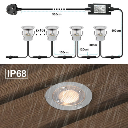 IP68 Outdoor LED Decking Lights 30mm Round Warm White 3000k 10 Kit - Energy Light Bulbs - Free delivery on all orders