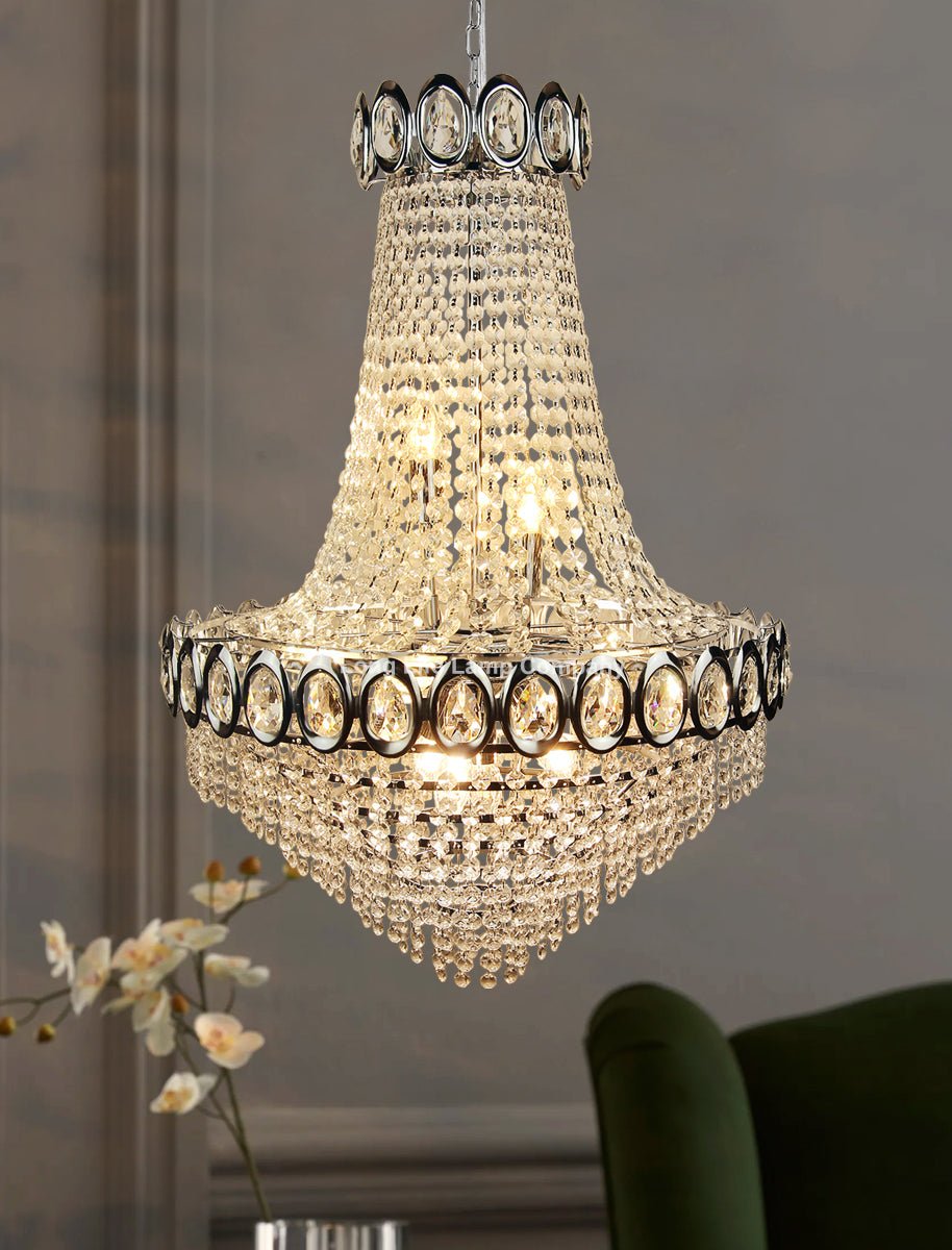 Large Ceiling Crystal Pendant Chandelier Suspended Chrome Frame Cascading Droplets - Energy Light Bulbs - Free delivery on all orders