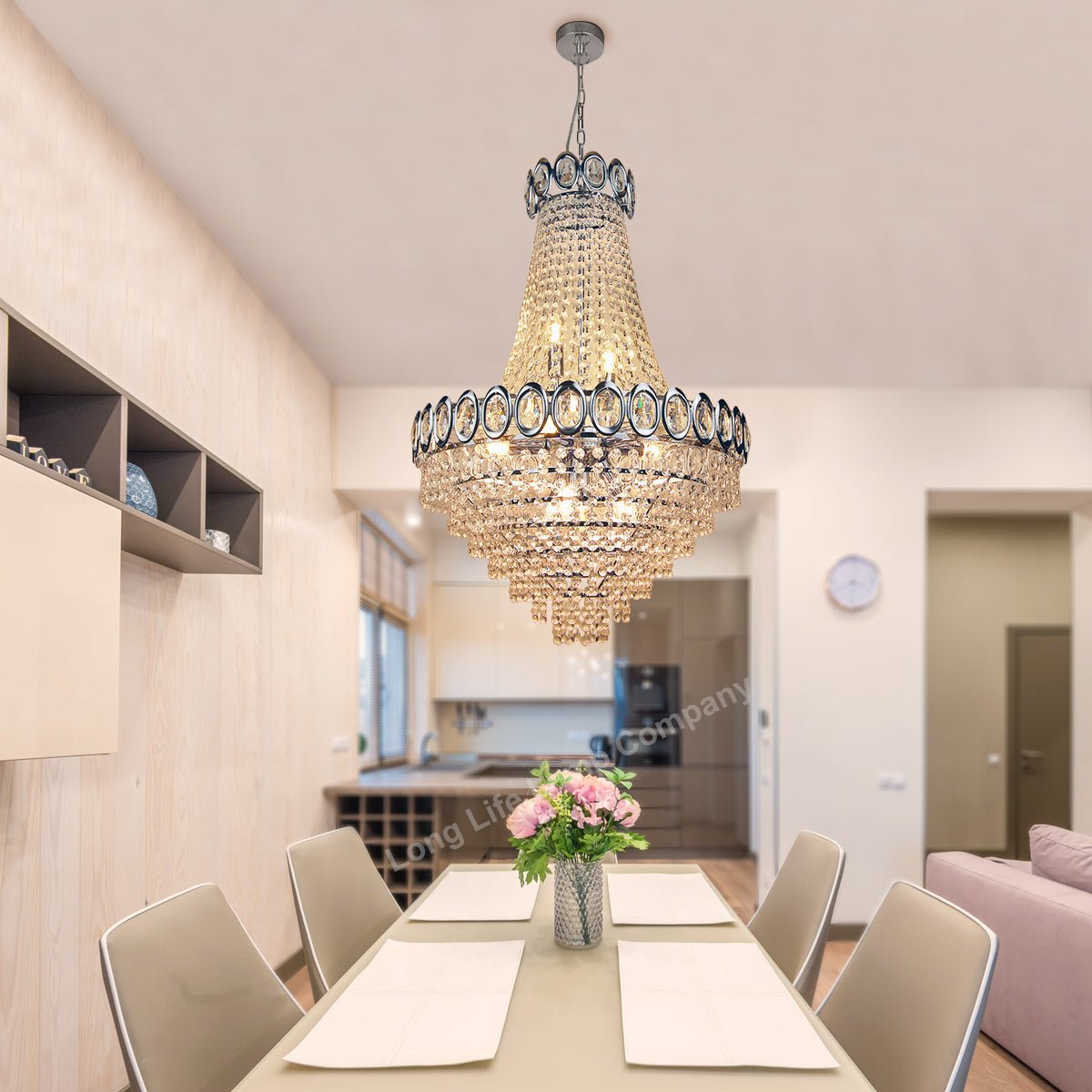 Large Ceiling Crystal Pendant Chandelier Suspended Chrome Frame Cascading Droplets - Energy Light Bulbs - Free delivery on all orders