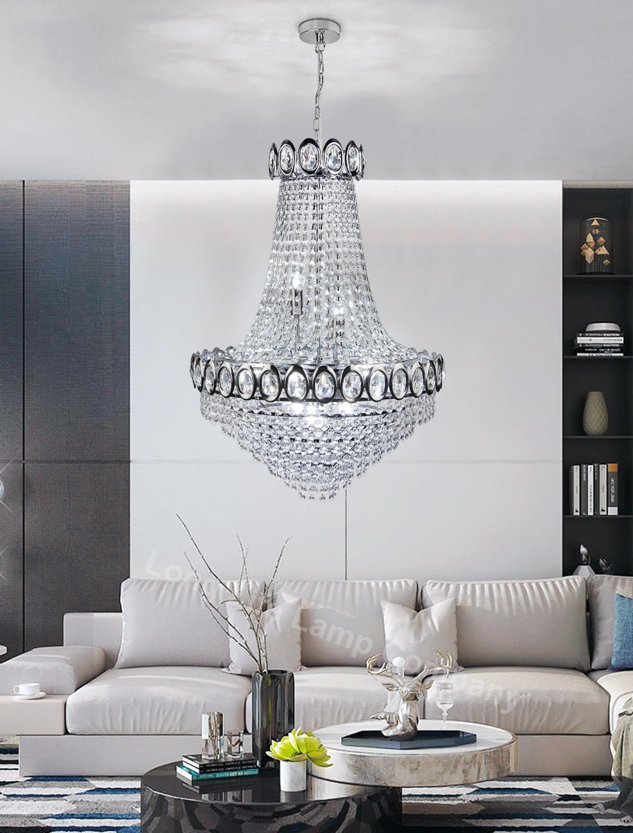 Large Ceiling Crystal Pendant Chandelier Suspended Chrome Frame Cascading Droplets - Energy Light Bulbs - Free delivery on all orders