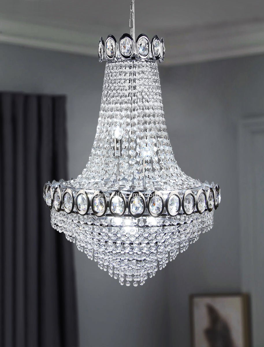 Large Ceiling Crystal Pendant Chandelier Suspended Chrome Frame Cascading Droplets - Energy Light Bulbs - Free delivery on all orders