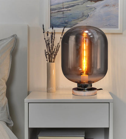 Large Smoke Grey Glass Oval Table Desk Lamp Retro Chrome Grey Glass - Energy Light Bulbs - Free delivery on all orders