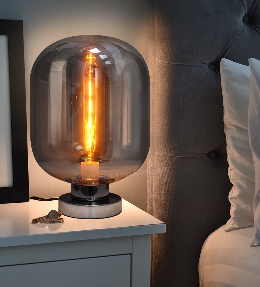 Large Smoke Grey Glass Oval Table Desk Lamp Retro Chrome Grey Glass - Energy Light Bulbs - Free delivery on all orders