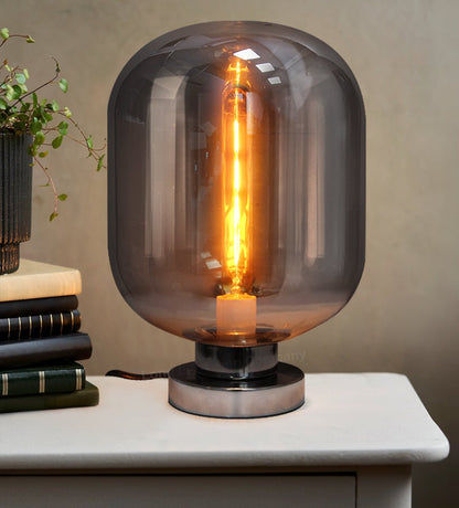 Large Smoke Grey Glass Oval Table Desk Lamp Retro Chrome Grey Glass - Energy Light Bulbs - Free delivery on all orders