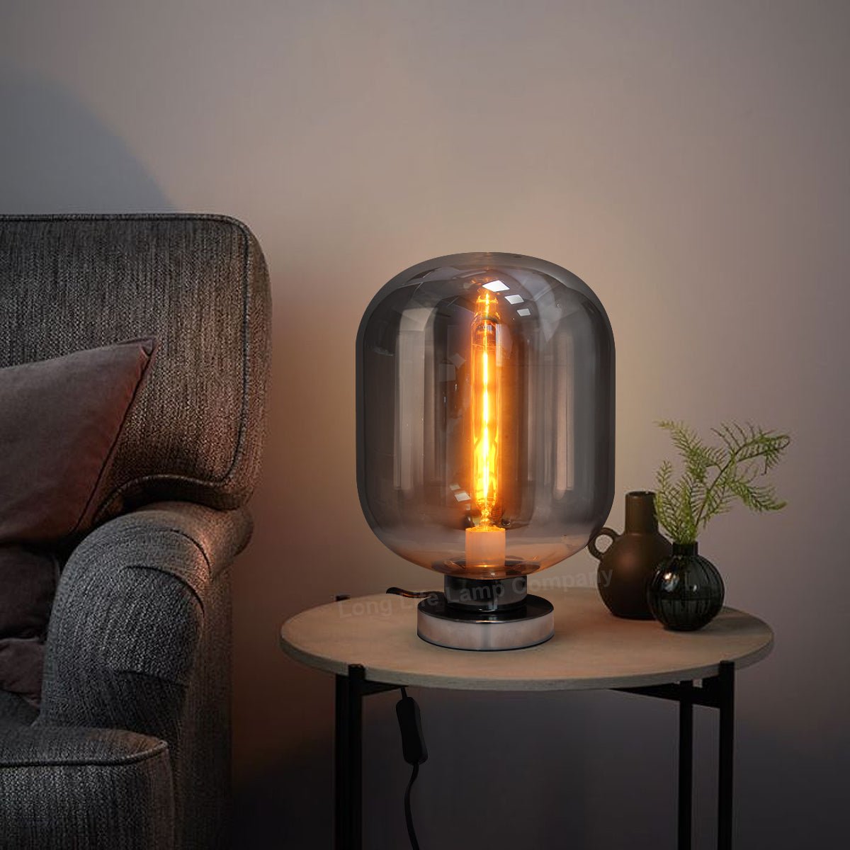 Large Smoke Grey Glass Oval Table Desk Lamp Retro Chrome Grey Glass - Energy Light Bulbs - Free delivery on all orders