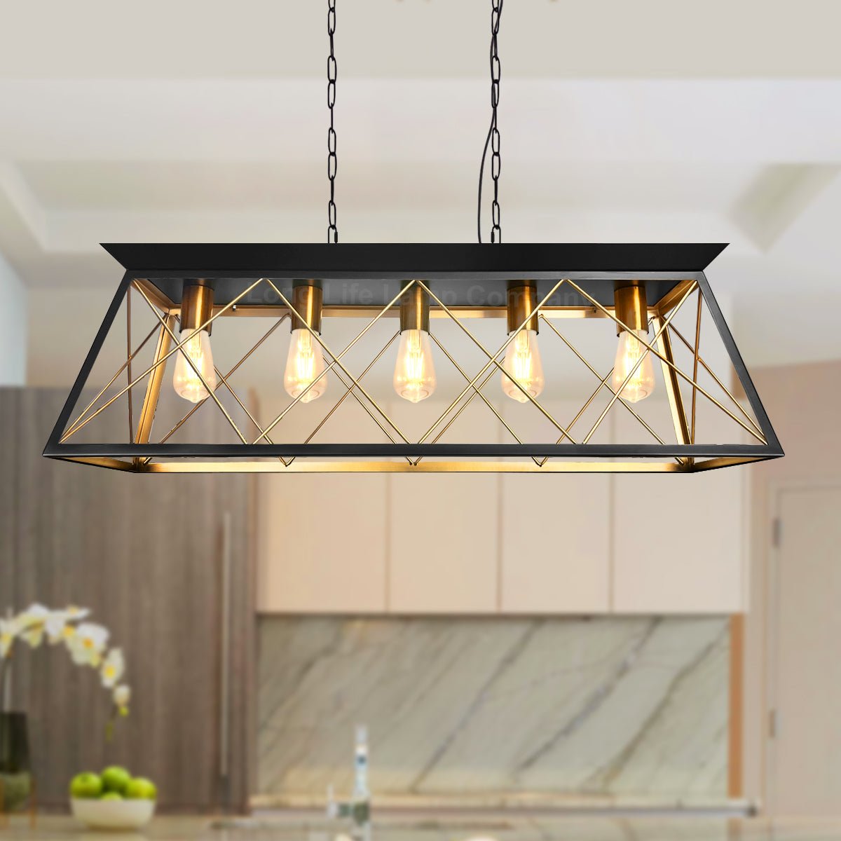 Large Vintage Black Hanging Ceiling Lantern Cage 5 Fitting Brass Pendant Light - Energy Light Bulbs - Free delivery on all orders