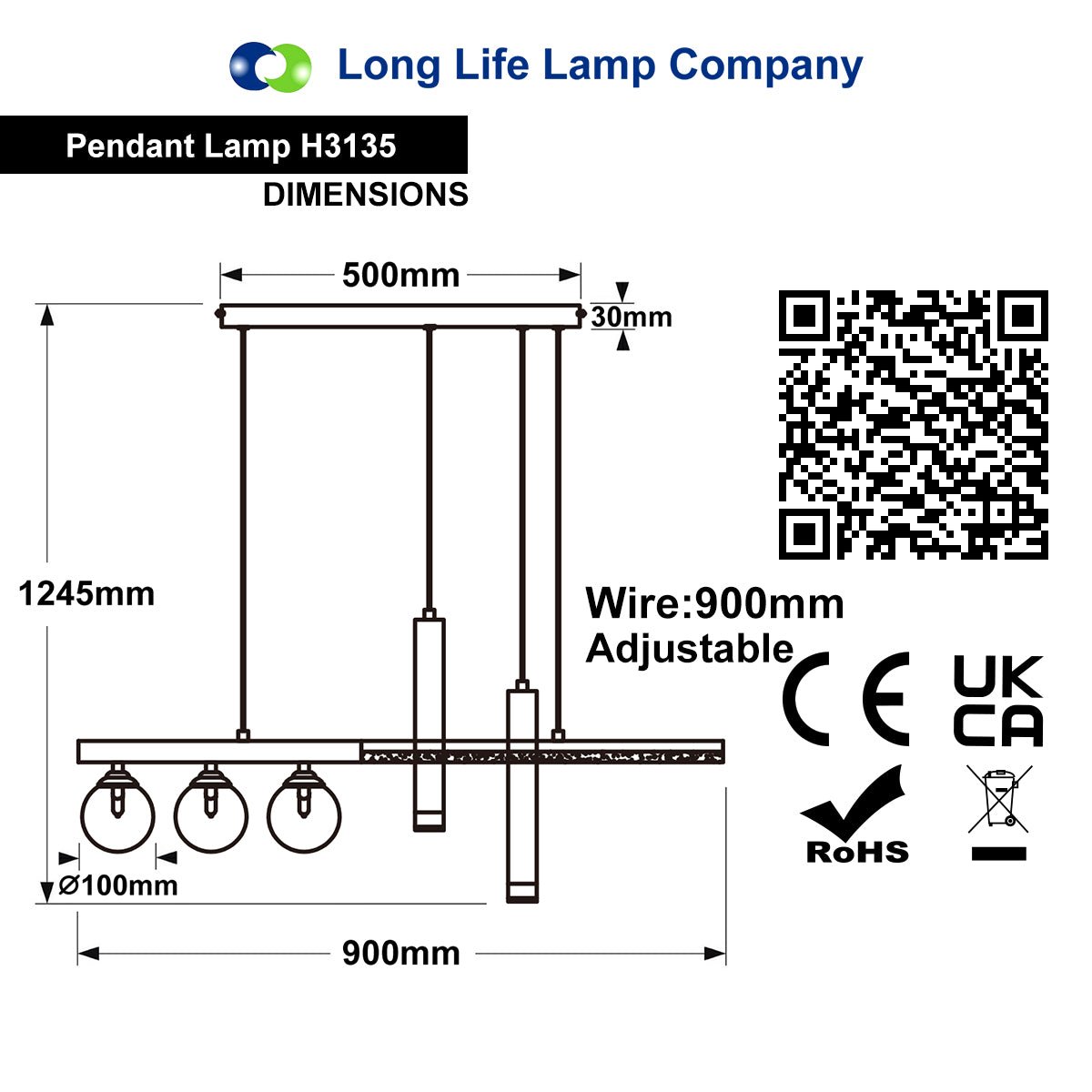 LED Bar 5 Light Black Ceiling Pendant Light Mini Glass Globes Slim Tubular H3135 - Free delivery on all orders