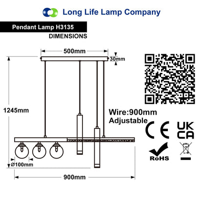 LED Bar 5 Light Black Ceiling Pendant Light Mini Glass Globes Slim Tubular H3135 - Free delivery on all orders
