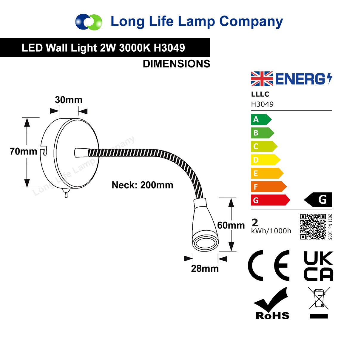 LED Bedside Reading Wall Light Switched Flexible Arm Headboard Light Warm White - Energy Light Bulbs - Free delivery on all orders