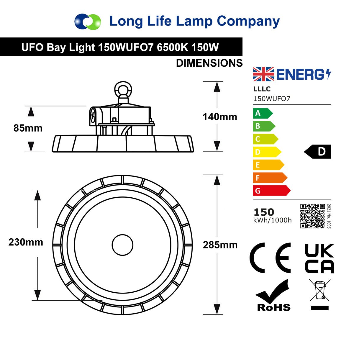 Buy 150W LED high bay light with 22500 lumens, 90 degree beam and IP65 rating for industrial lighting