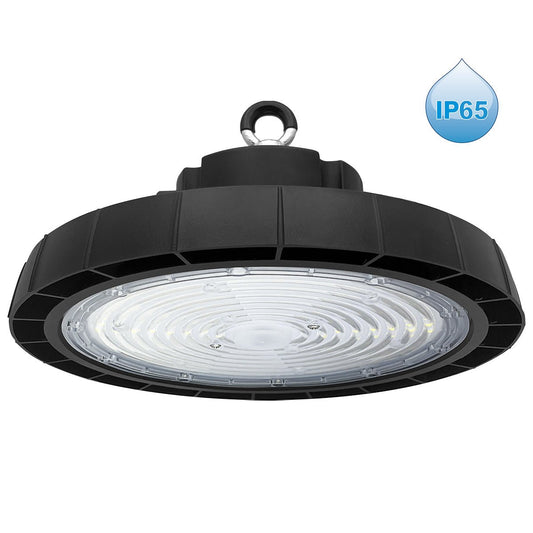 150W LED UFO high bay light with 22500 lumens, 6500K Cool White and IP65 protection for warehouses