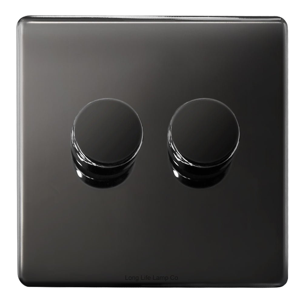 LED Dimmer Switch 2 Gang Black Nickel 800w 400w x 2 Single Pole Screwless - Energy Light Bulbs - Free delivery on all orders