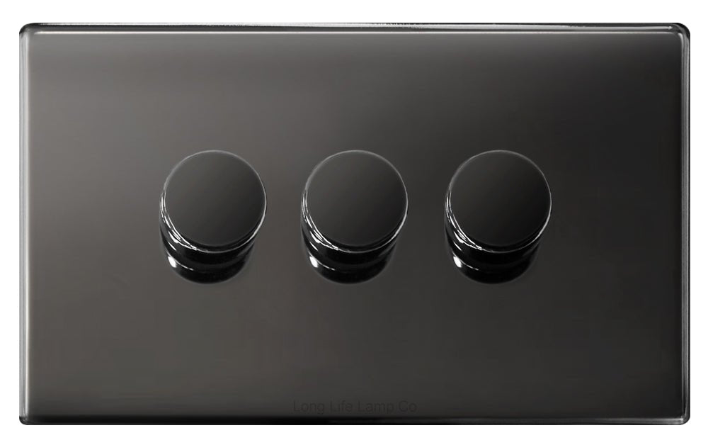 LED Dimmer Switch 3 Gang Black Nickel 300w 100w x 3 Screwless Plate Finish - Energy Light Bulbs - Free delivery on all orders