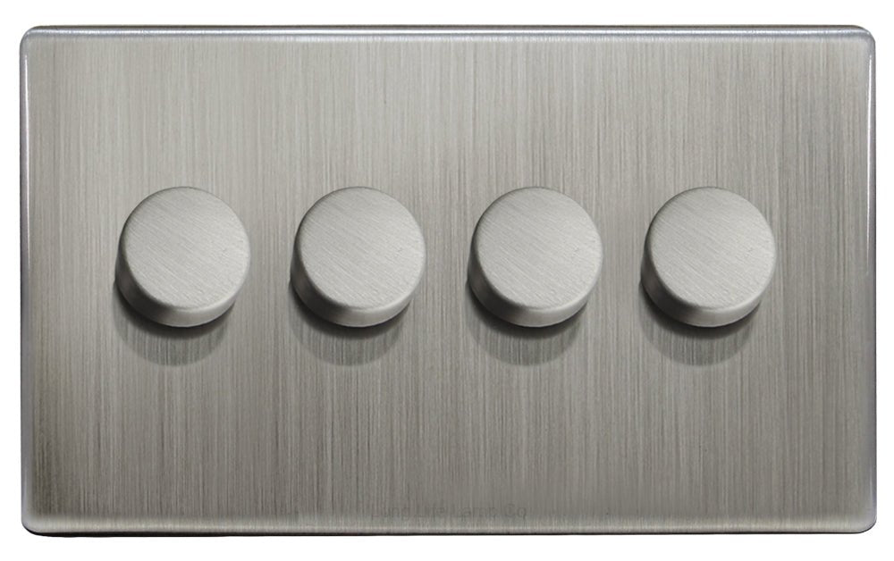 LED Dimmer Switch 4 Gang Gloss Brush Chrome 400w 100w x 4 Screwless Plate Finish - Energy Light Bulbs - Free delivery on all orders
