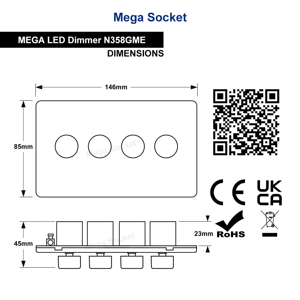 LED Dimmer Switch Black Nickel 400w 4 Gang 100w x 4 Screwless Plate Finish N358GME - Free delivery on all orders