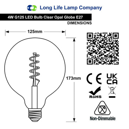 LED G125 Clear Opal Globe Frosted Glass Light Bulb 4W E27 - Energy Light Bulbs - Free delivery on all orders
