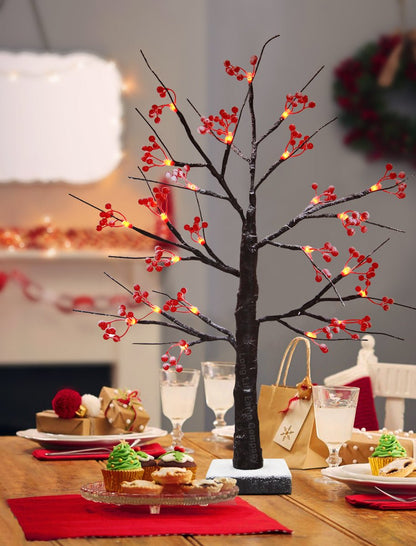 LED Indoor Christmas Brown Colour with Snow and Red Fruit 60cm Mains And Battery Operated - Energy Light Bulbs - Free delivery on all orders