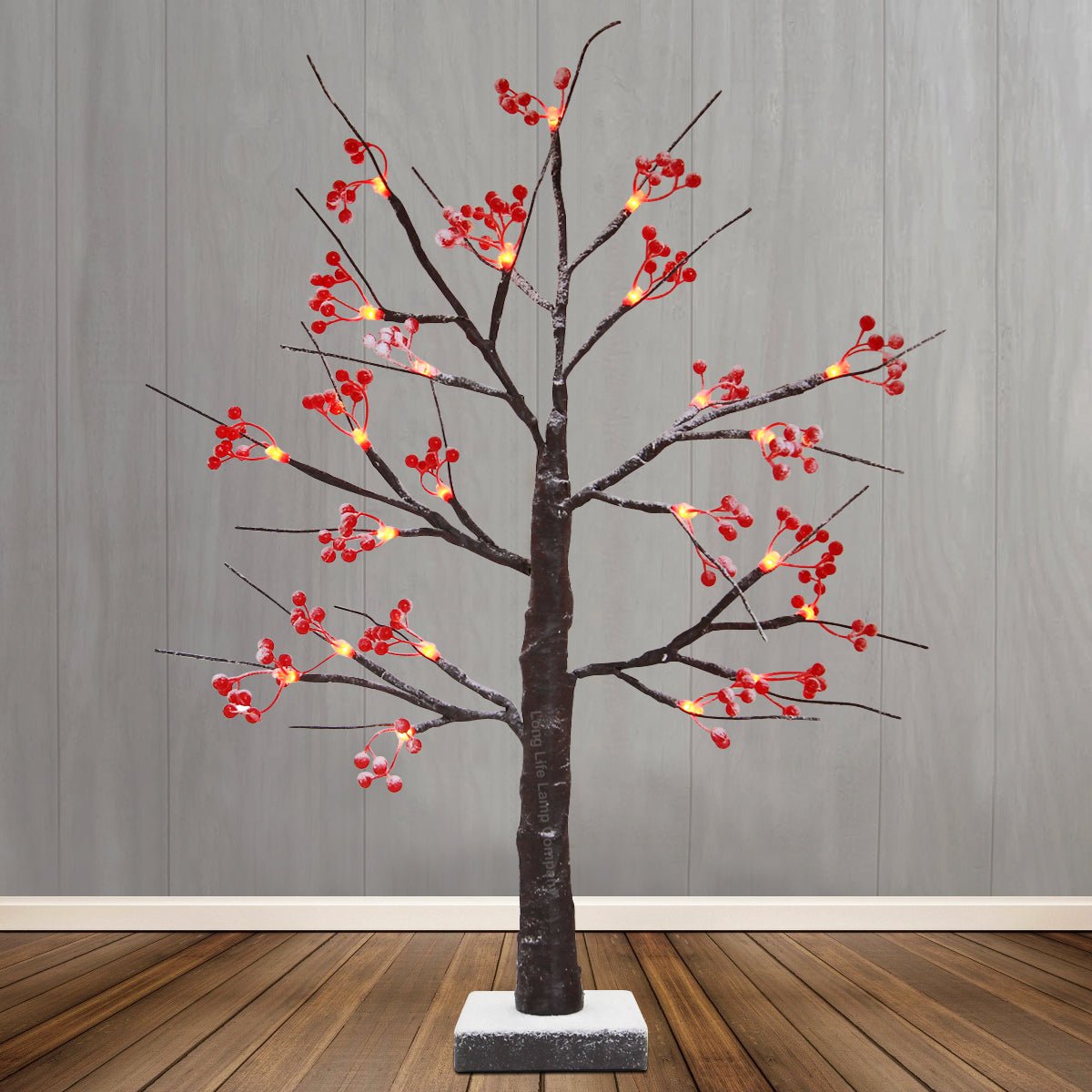 LED Indoor Christmas Brown Colour with Snow and Red Fruit 60cm Mains And Battery Operated - Energy Light Bulbs - Free delivery on all orders